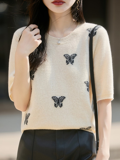 Korean-Style High-End 100% Pure Wool Knit Half-Sleeve Sweater for Women, 2026 New Butterfly Jacquard Five-Quarter Sleeve Base Layer