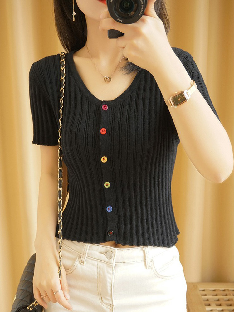 Summer new rainbow high waist crop top women's V-neck collarbone cotton knit sweater ins trendy short-sleeved T-shirt