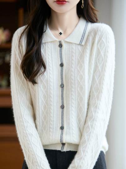 French-Style Polo Collar Cable Knit 100% Pure Wool Cardigan Women's Lapel Shirt Solid Color Warm Sweater Coat Trendy
