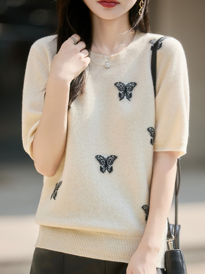 Korean-Style High-End 100% Pure Wool Knit Half-Sleeve Sweater for Women, 2026 New Butterfly Jacquard Five-Quarter Sleeve Base Layer