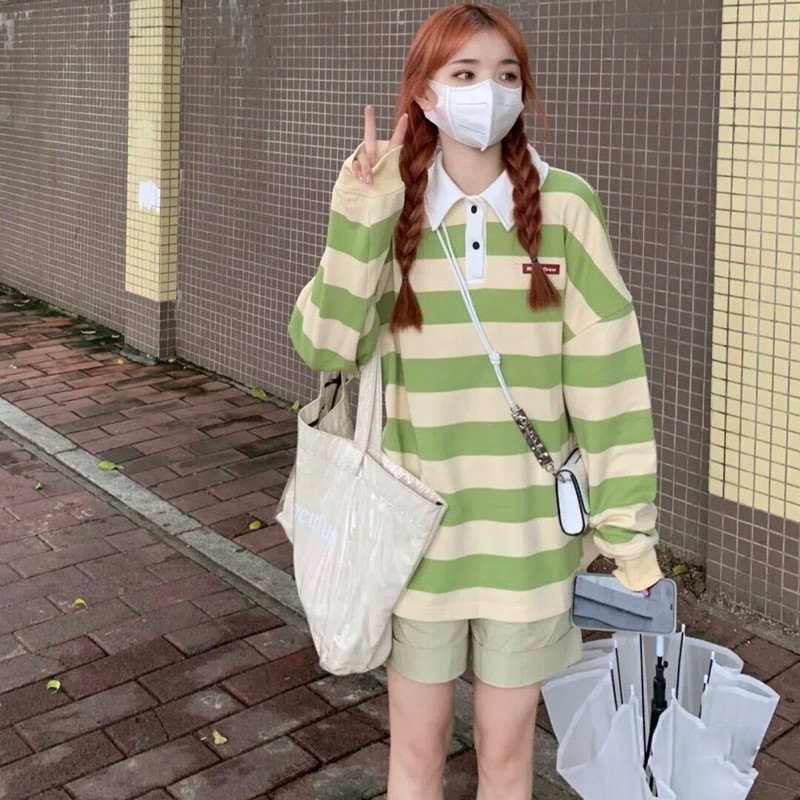 2021 Early autumn days Department of sweet female students lenient Korean version small frescoed college wind round neck striped long sleeve POLO shirt