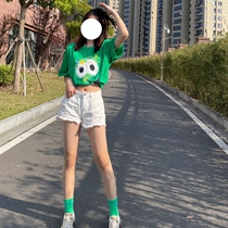 Personality long interesting green big eye round neck T-shirt female summer lazy loose couples wear clothes