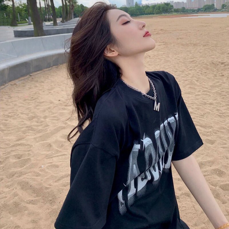 2021 summer new Harajuku wind bf hip hop port style fashion brand leisure wind ins medium and long version cotton T-shirt women