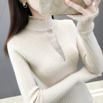 Autumn 2021 new lace slim-fit knitted base shirt spring and autumn short semi-turtleneck sweater womens inner tie foreign style