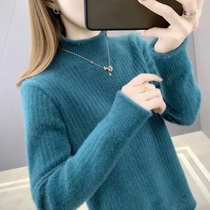 Autumn 2021 new womens short sweater spring and autumn loose wear wild solid color explosion style semi-high collar base shirt