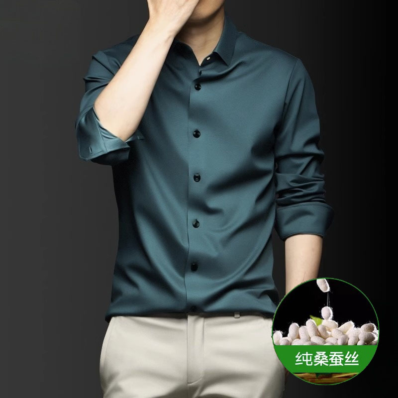 High-End Mulberry Silk Long-Sleeved Shirt for Men 2025 Spring and Autumn Plus Size Business Casual No-Iron High-End Pure Color Shirt