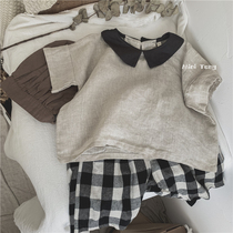 Japan-ROK literature and art Fan ~ children cotton twist collar shirt neutral boy female baby bump-color vintage doll-shirt summer