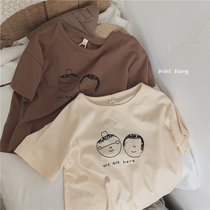 Soft touch with cute hand-painted children loose short sleeves T-shirt male and female children clothes ins wind all-cotton half sleeve blouse summer
