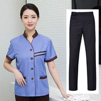 Синие штаны, V-образный вырез, короткий рукав