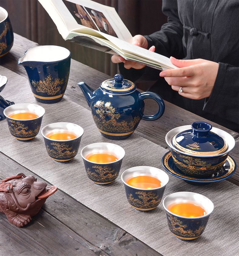 Tao blessing ceramic tasted silver ji blue tea set household silver gilding kung fu tea teapot teacup group