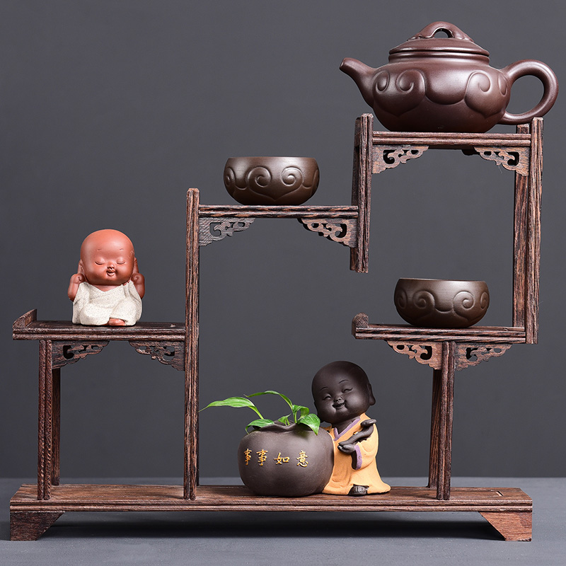 Tao blessing wenge rich ancient frame wood treasure cabinet ceramic tea pot - shelf furnishing articles display shelf