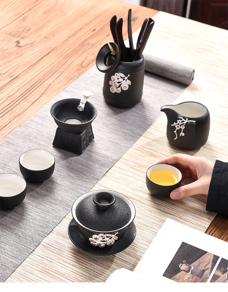 Tao blessing coppering. As the silver tea set of black suit household kunfu tea tea kettle black zen cup combination