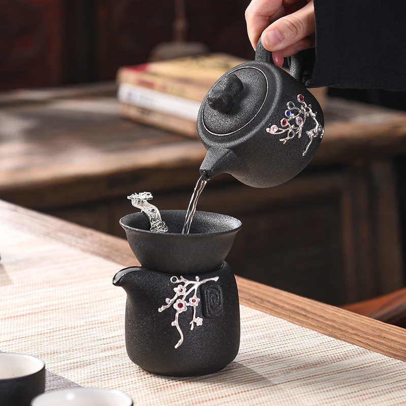 Tao blessing coppering. As the silver tea set of black suit household kunfu tea tea kettle black zen cup combination