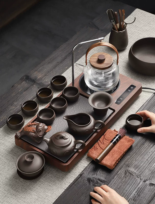 Tao Fuqi cát tím bộ trà thủy tinh gia đình ấm đun nước tự động đun sôi trà tất cả trong một khay trà bàn trà điện thông minh giá rẻ
