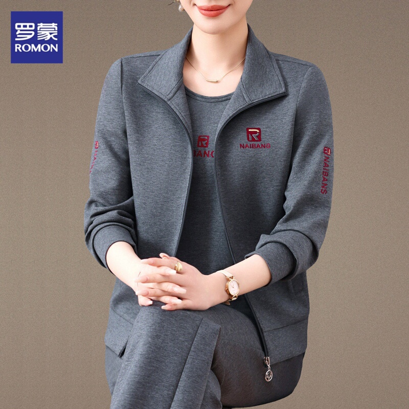 Romon Brand-Name Sports Suit for Women, Spring and Autumn 2026 New Stylish Long-Sleeve Jacket, Loose-Fitting Running Casual Three-Piece Set