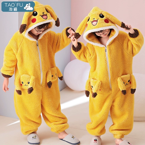 Детская демисезонная фланелевая бархатная коралловая мультяшная пижама для мальчиков с капюшоном, увеличенная толщина