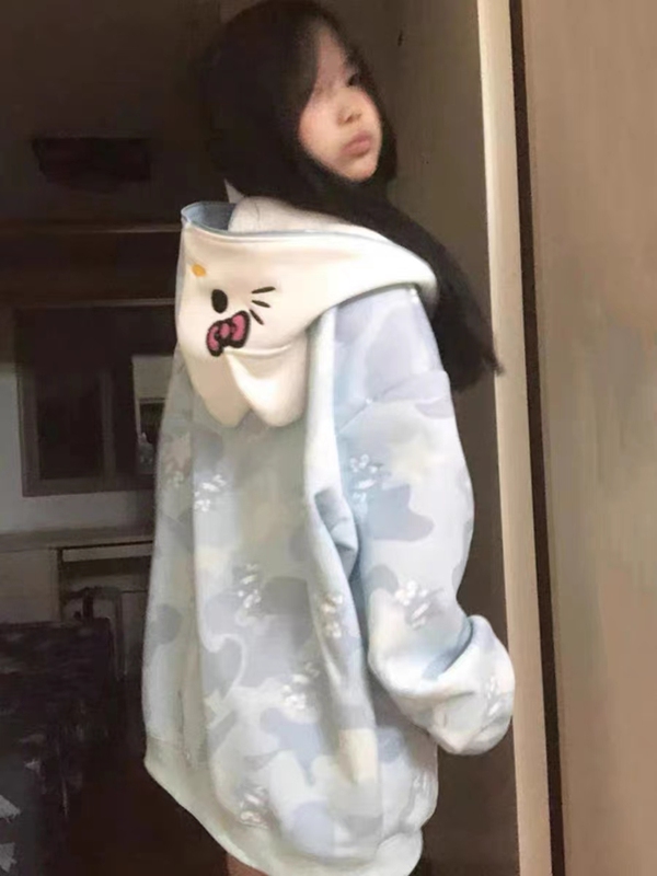 American-Style Trendy Brand Full-Print Cute Kt Cat Ear Hooded Sweatshirt for Women, Autumn Lazy Style Oversized Cardigan Jacket