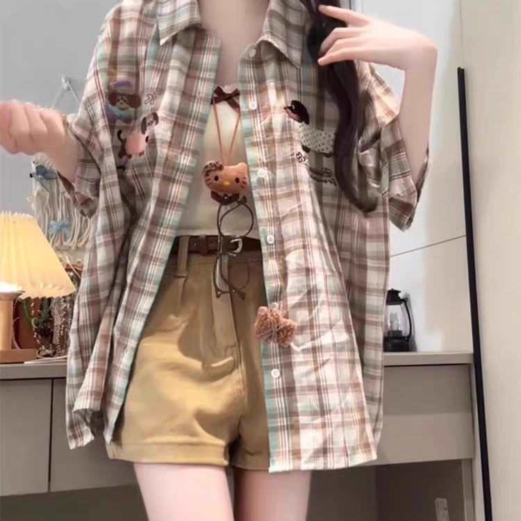 Plaid Puppy Towel Embroidered Plaid Short-Sleeved Shirt for Women, Suitable for Layering in Summer and Autumn, Loose-Fitting Shirt Jacket Top