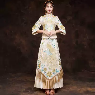 Xiuhe clothing 2020 new wedding champagne bridal dress thin costume show kimono Chinese wedding Dragon Phoenix hanging