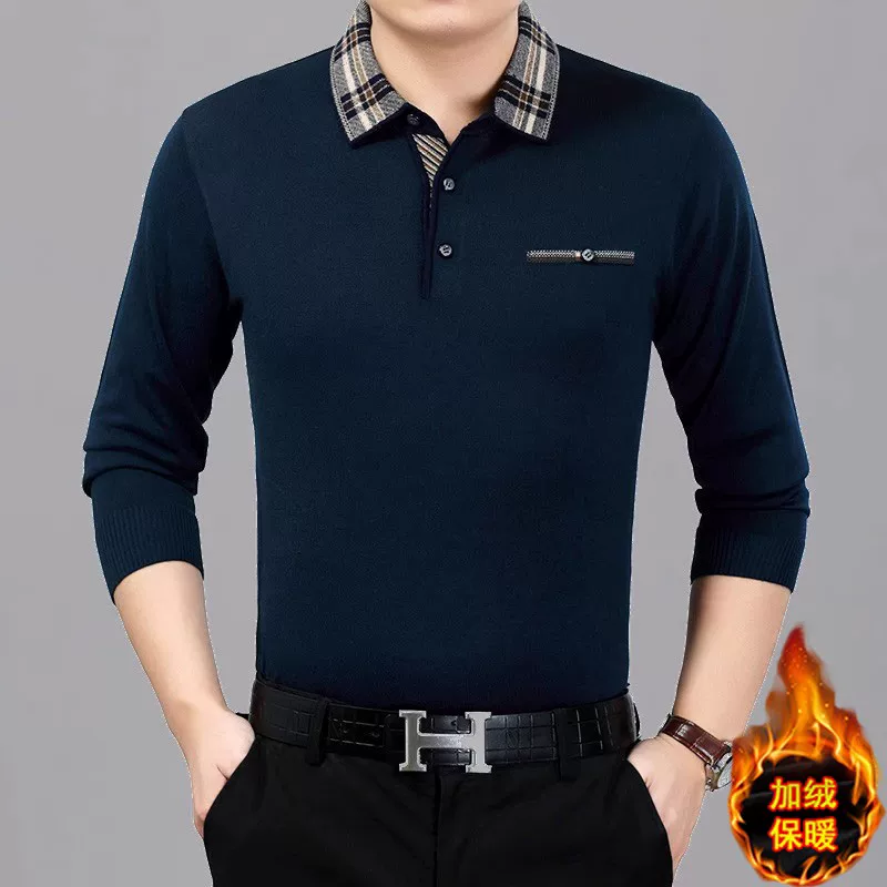 Men's demi-season long-sleeve, knitted polo, for middle age, loose fit