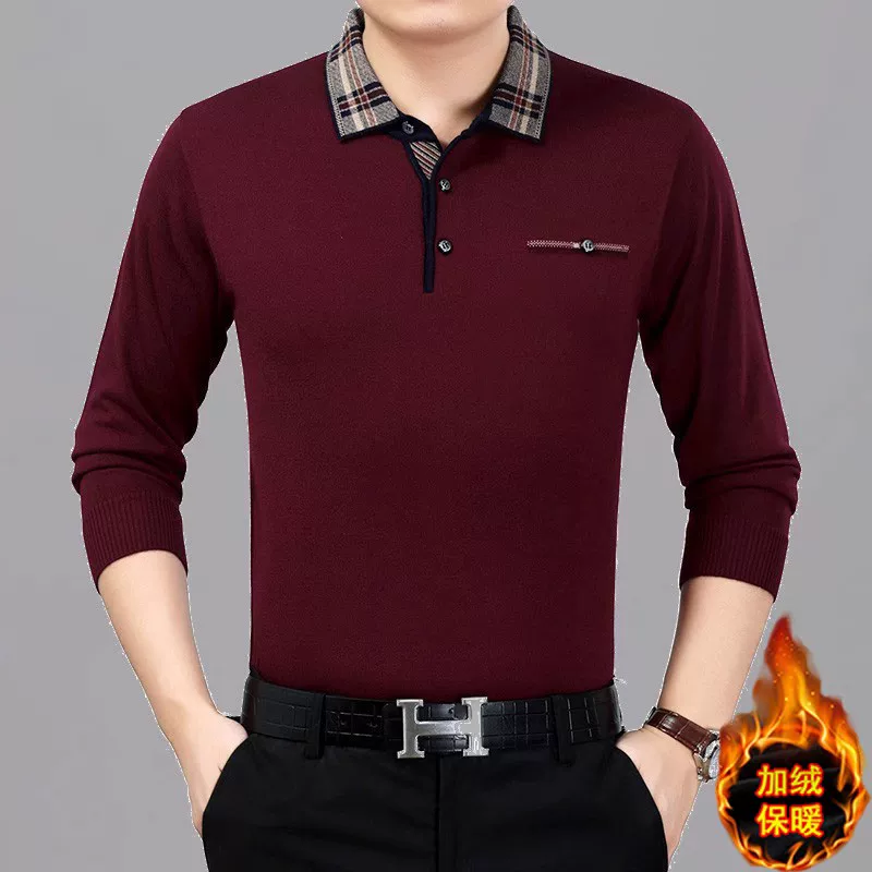 Men's demi-season long-sleeve, knitted polo, for middle age, loose fit