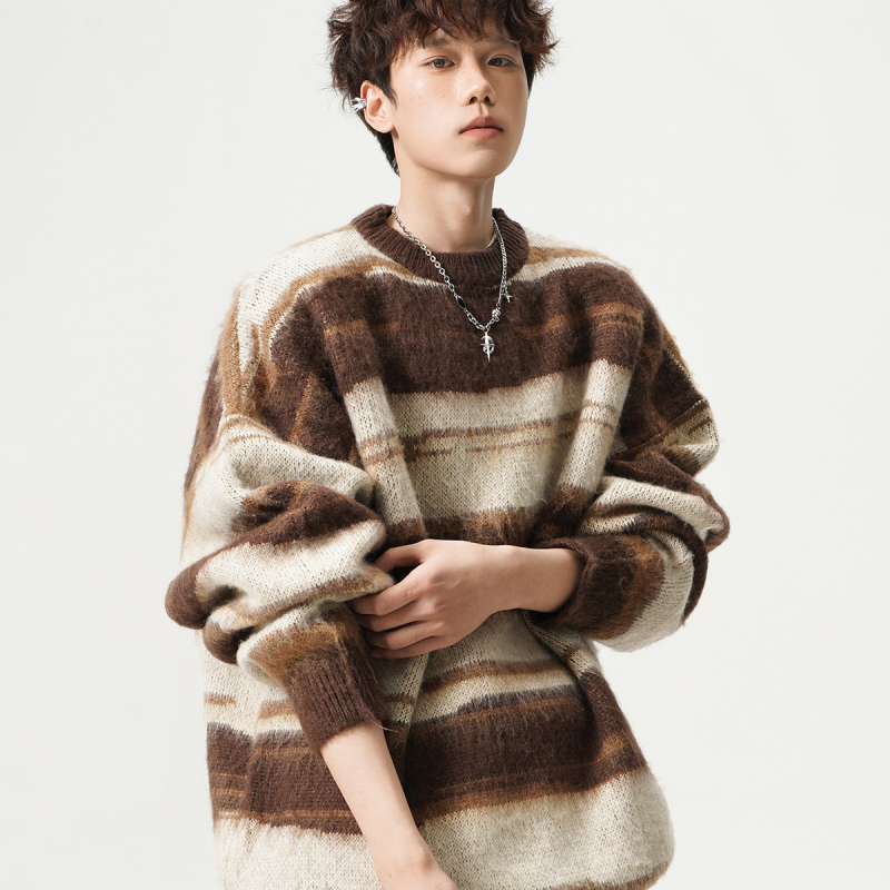 Mohair Round Neck Sweater for Men and Women, Autumn and Winter Casual Color-Block Striped Knitwear, Loose and Relaxed Couple's Base Shirt