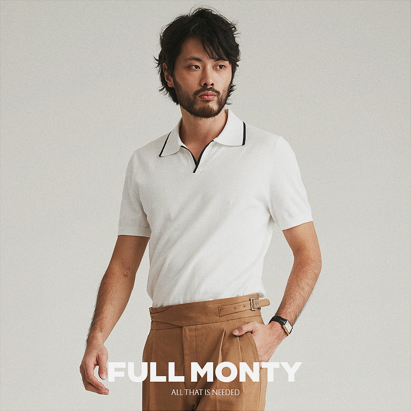 FULL MONTY Men's Cotton Short Sleeve POLO Shirt White Lapel Business Casual Slim V-Neck T-Shirt Summer