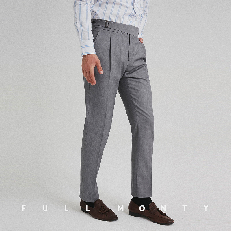 Full Monty ánh sáng màu xám twill tốt dệt quần len nam giới kinh doanh cao eo chống nhăn đơn pleated phẳng quần nâng lên.