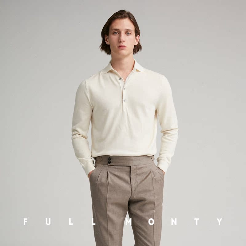 Full Monty trắng dài tay polo 12 hàng dệt kim nam ve áo cơ thể kinh doanh rắn màu len top này