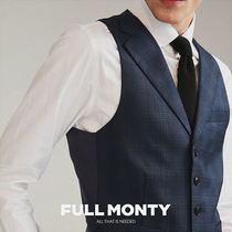 FULL MONTY business formal suit vest navy blue tartan check single row flat barge suit horse clip man