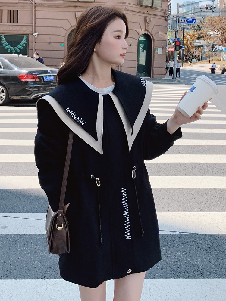 Navy collar woolen coat women's mid-length small preppy style autumn and winter 2021 new popular woolen coat