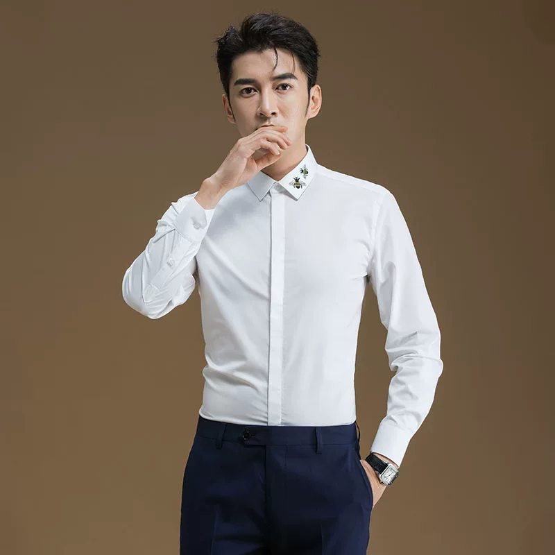 POWO Summer shirt, with embroidery, slim fit, Korean style