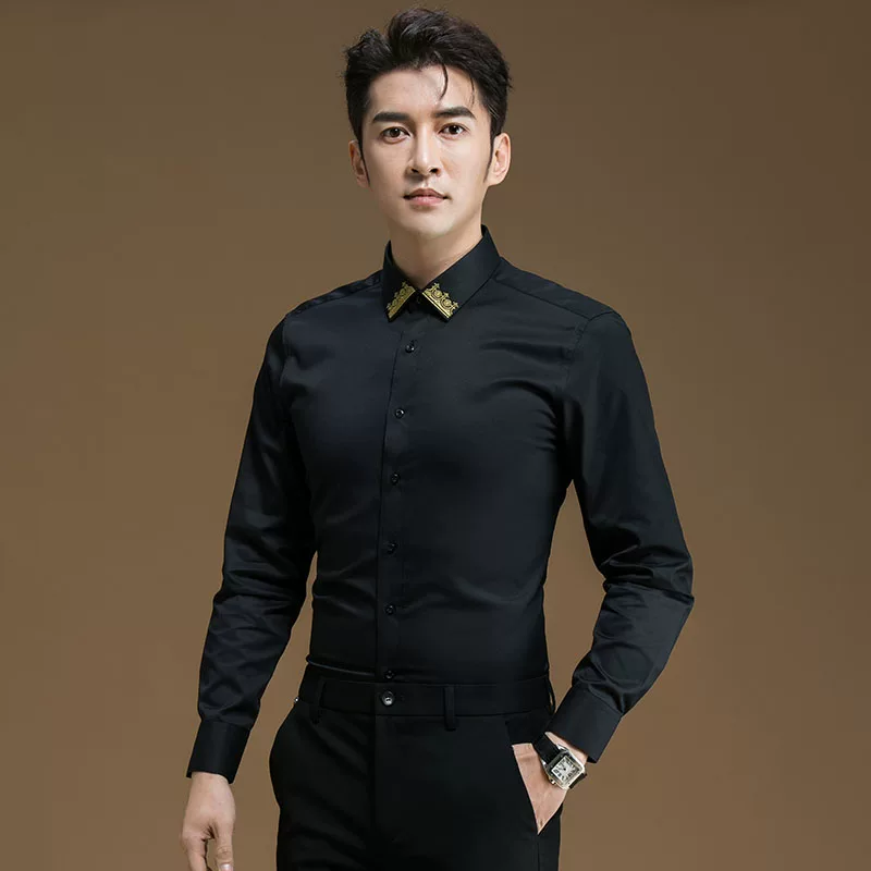POWO Summer shirt, with embroidery, slim fit, Korean style