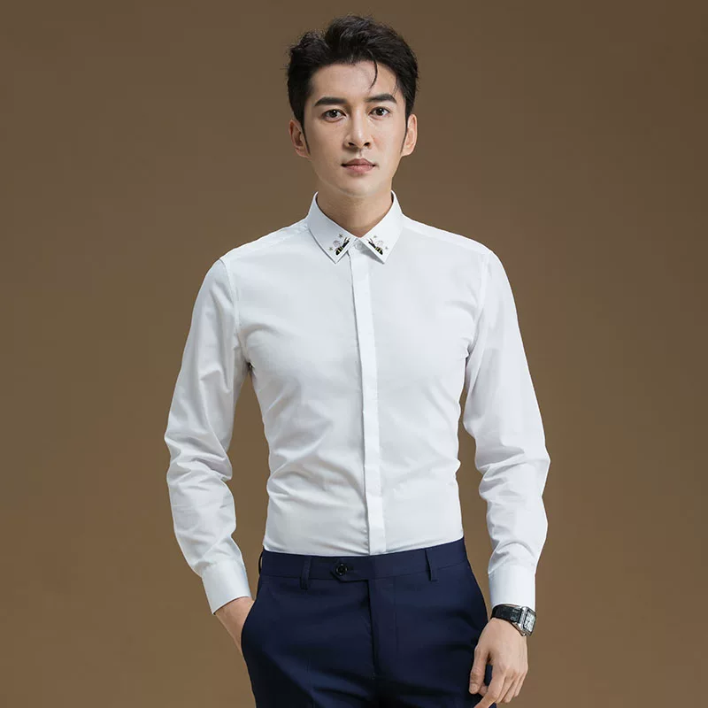 POWO Summer shirt, with embroidery, slim fit, Korean style
