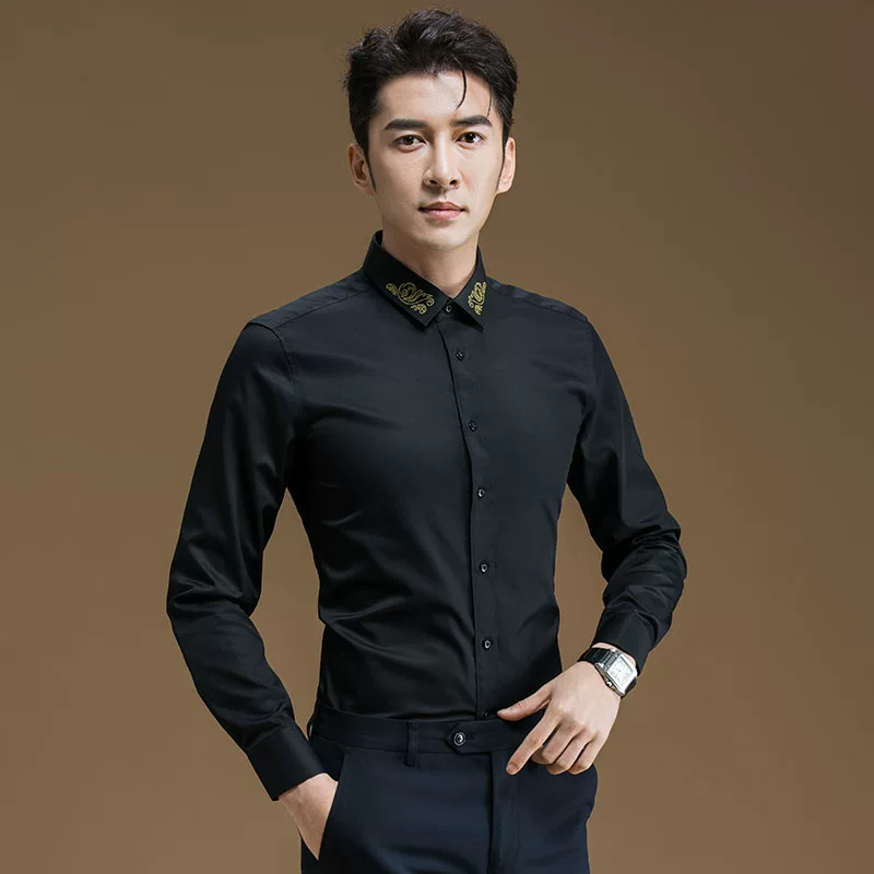 POWO Summer shirt, with embroidery, slim fit, Korean style