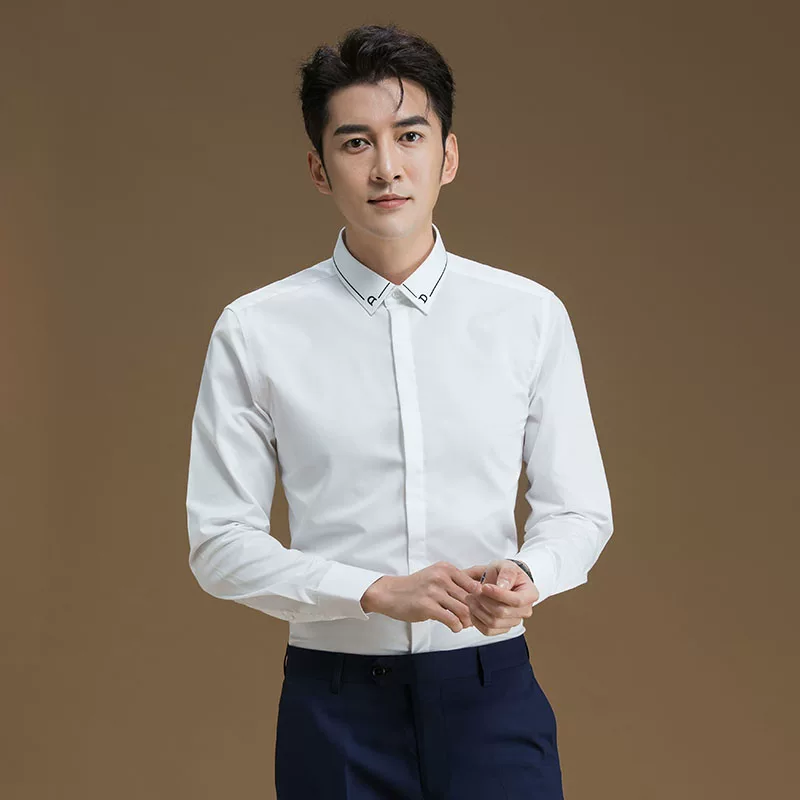 POWO Summer shirt, with embroidery, slim fit, Korean style