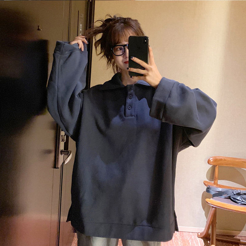 Lake because of the blue sweatshirt women loose plus fleece thickened super fire Cec long sleeves women polo collar ins tops women bf lazy