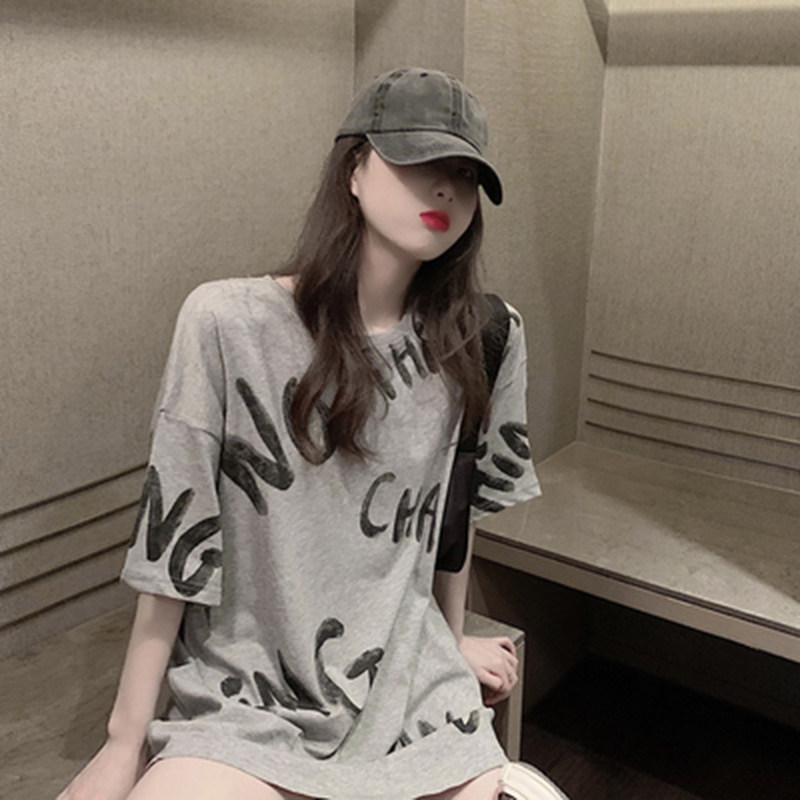 Grey Short Sleeve T Shirt Woman 2022 Summer New Han Edition Han Line and Mid - Long Gas Tops in Tide