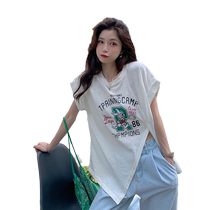 Short-sleeved t-shirt for women summer loose design niche 2021 new Korean style pure cotton t-shirt slit t-shirt top