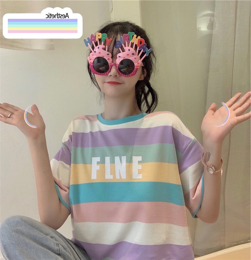 Summer 2020 new Korean edition loose color striped short sleeve T - shirt girl Yangqi round collar blouse