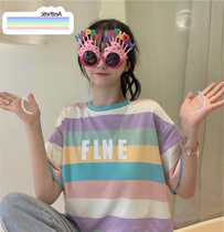 Summer 2020 new Korean version loose collared striped short sleeve T-shirt schoolgirl foreign air round collar bottom-shirt blouse