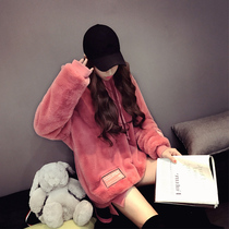 2020 autumn and winter Korean version plus velvet thick warm sleeve head hooded wool sweater female long loose plush jacket