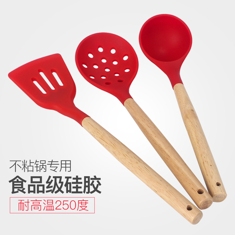 Wood Handle Silicone Pan Shovel Frying Scoop Soup Spoon High Temperature Resistant Stir-fried Vegetable Spade silicone Silicone Soup Spoon silicone Leaking Shovel not Stained With Pan