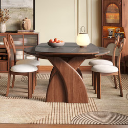 Mid-Century Style 2025 New Solid Wood Folding Dining Table and Chairs, Convertible Round Table, Extendable for Home Use, Small Apartment, Rock Slab, American Style