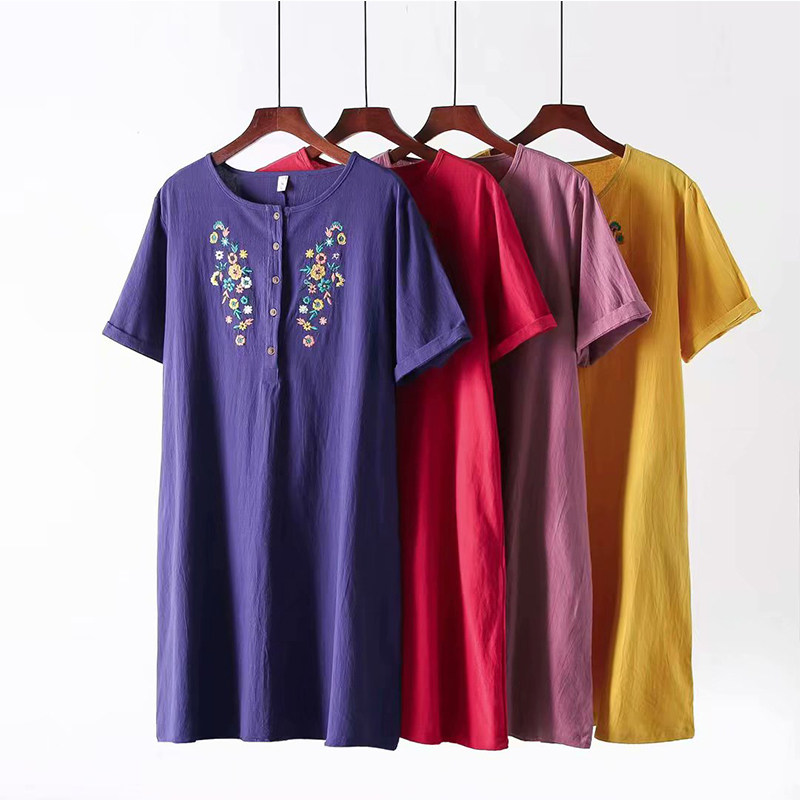 Middle-aged women's clothing fat plus size fat mom summer cotton and hemp dress Middle-aged foreign school mom belly skirt