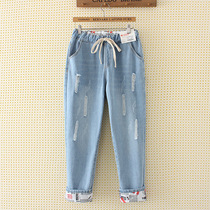  Middle-aged and elderly womens clothing mother pants female spring and autumn plus fat plus size jeans middle-aged fat mother wide-legged pants are thin