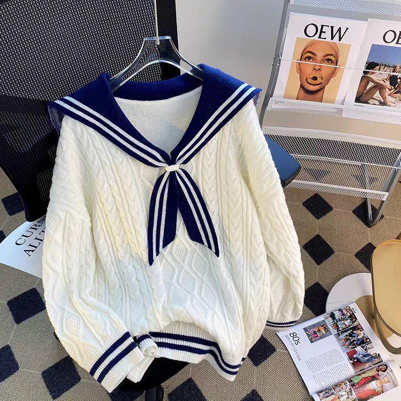 Navy Collar Preppy Style Cable Knit Sweater for Women, Autumn and Winter 2024 New Style, Lazy and Loose, Age-Reducing, Sweet Knit Top