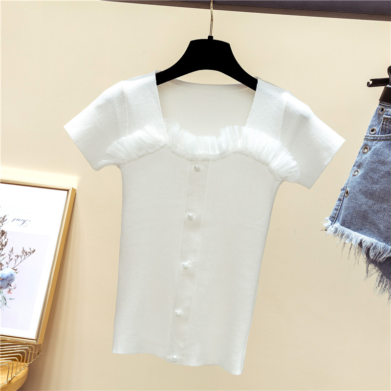 Băng lụa ngắn tay t-shirt nữ 2018 new Han Fan Xia phần mỏng Slim ice gai hoang dã đen trắng áo len áo sơ mi áo len nữ cổ cao