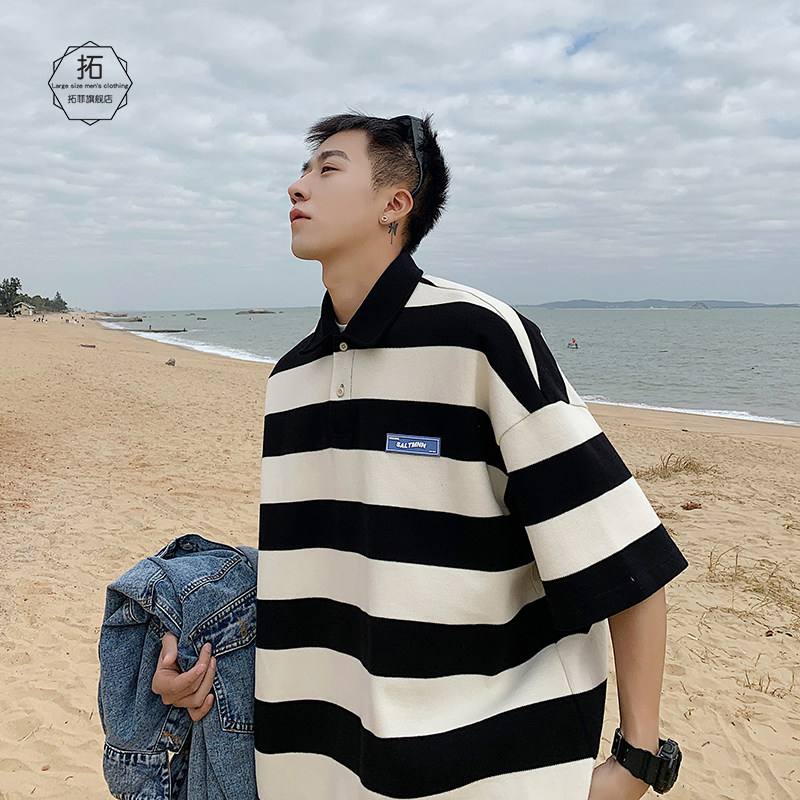 Striped Polo Shirt Man Short Sleeve Tide Card Currents Ins 100 Hitch Summer American Flip-Collar T-shirt Lovers Half Sleeves Clothes
