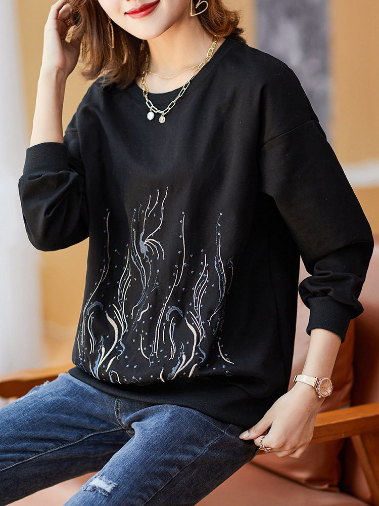 Clearance first-line counters withdrew the tail order big-name foreign trade women's casual slimming embroidery long-sleeved thick cotton T fat MM - Taobao